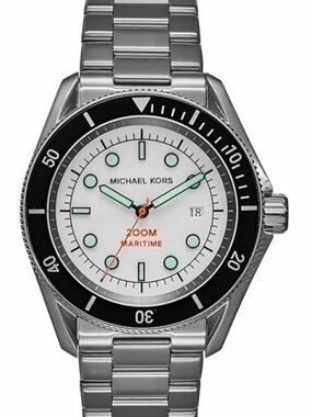 Michael Kors Silver Stainless Steel Watch with Black Bezel and White Dial men’s